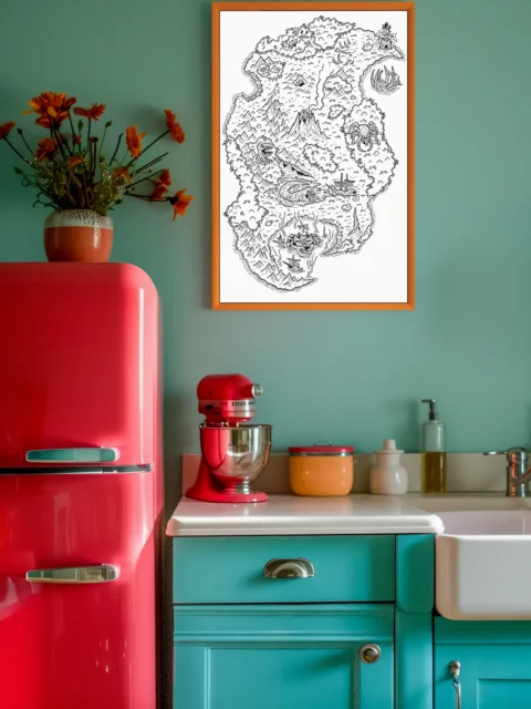 Hand-drawn island map with mountains and forests