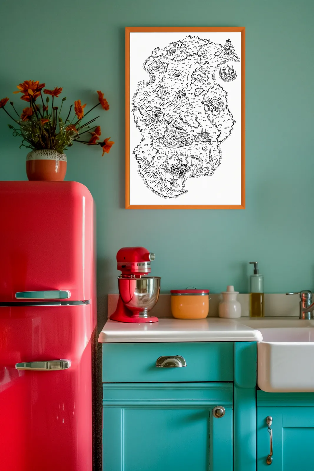 Hand-drawn island map with mountains and forests