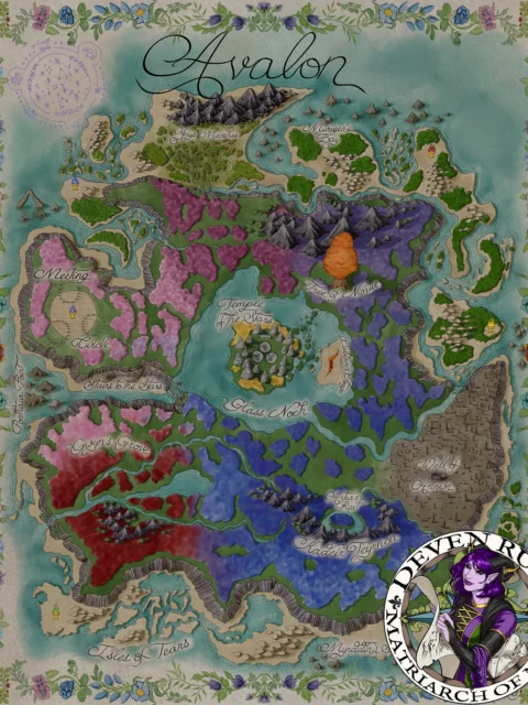 Map of Avalon mythic island realm canvas with sacred regions
