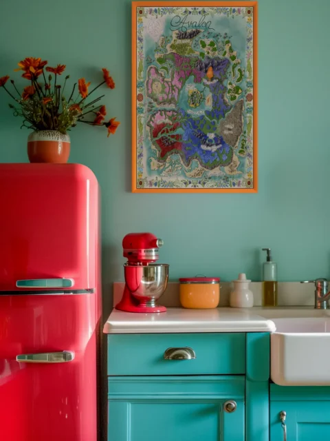 Hand-painted fantasy island with symbolic territories