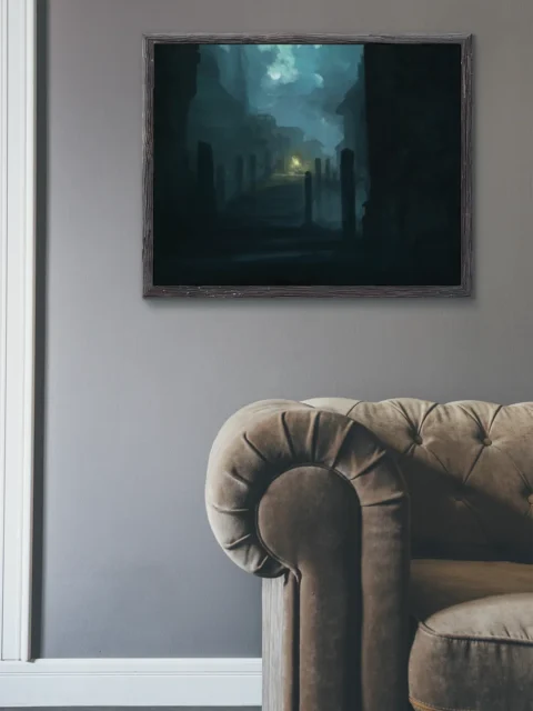 Mist drifting between dark buildings at night