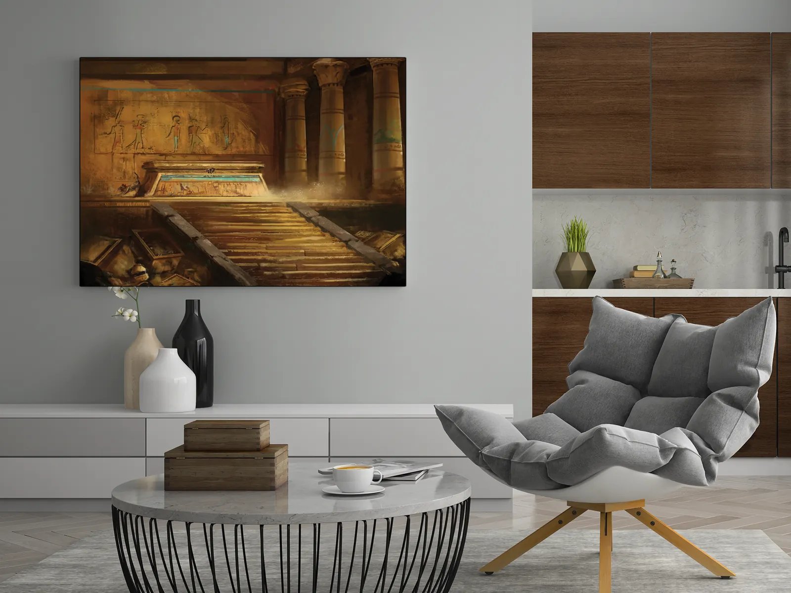 Mummies fantasy wall art with stone columns and relics