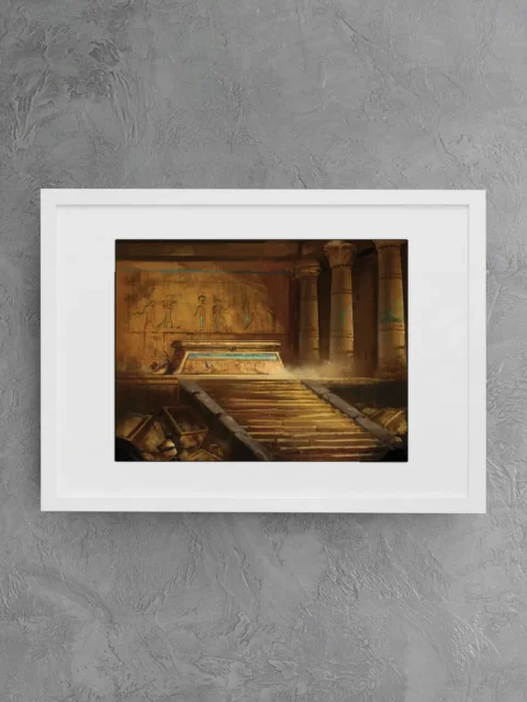 Dust drifting across steps inside a sealed tomb