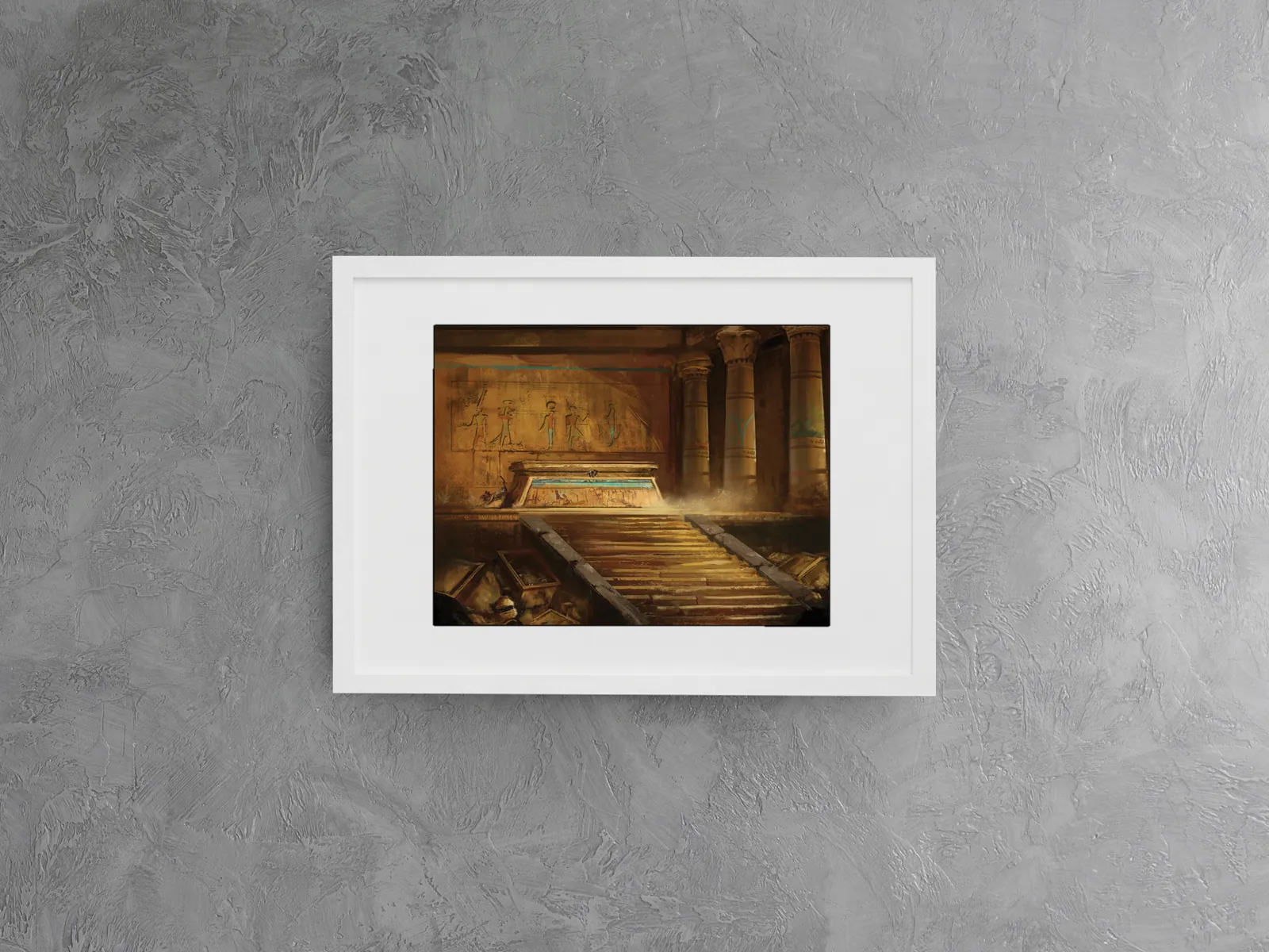 Dust drifting across steps inside a sealed tomb