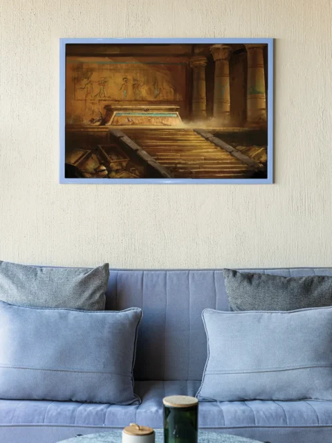 Hieroglyph-covered walls behind a ceremonial platform