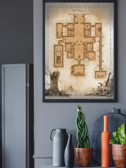 Top-down dungeon map with rooms and halls