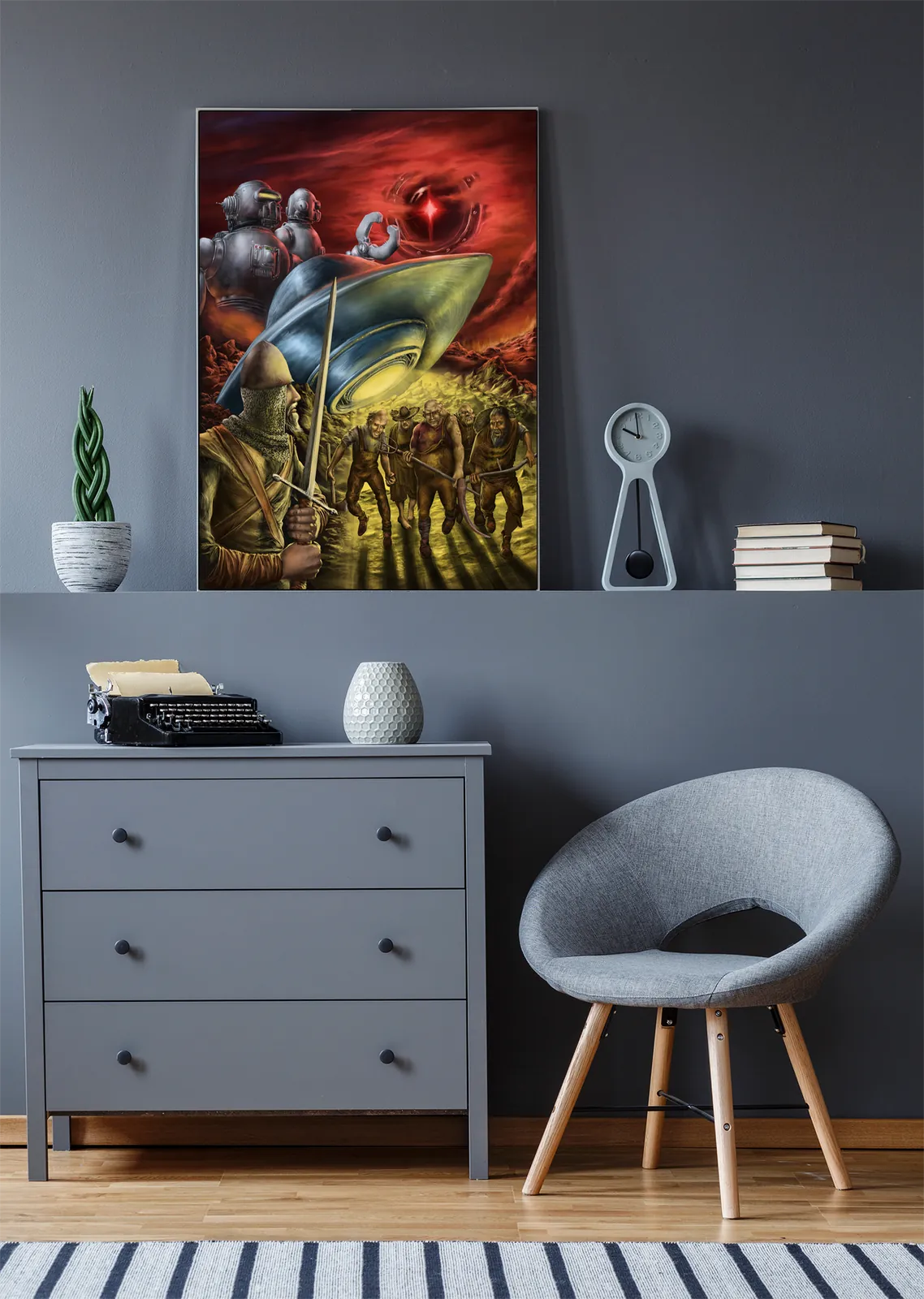 Armored explorers facing a hovering craft