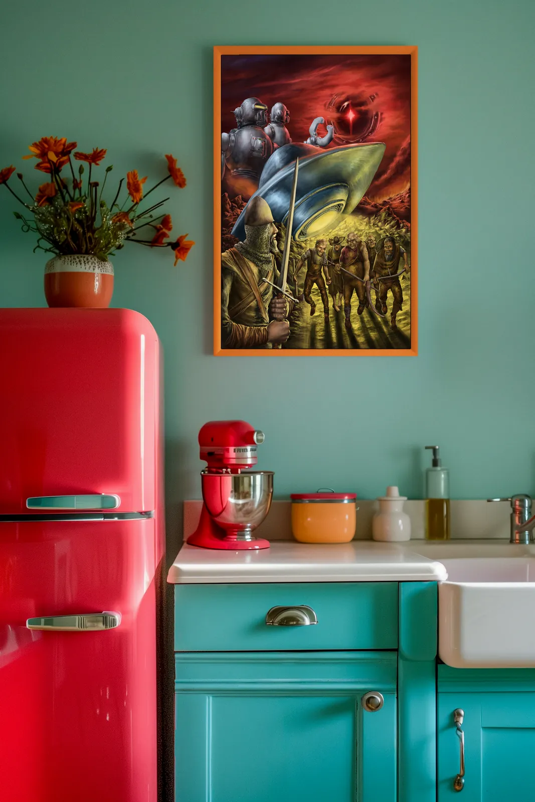 Crowd advancing under a red sky