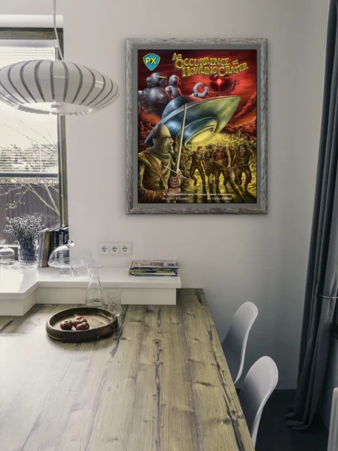 Armored figures facing a descending spacecraft