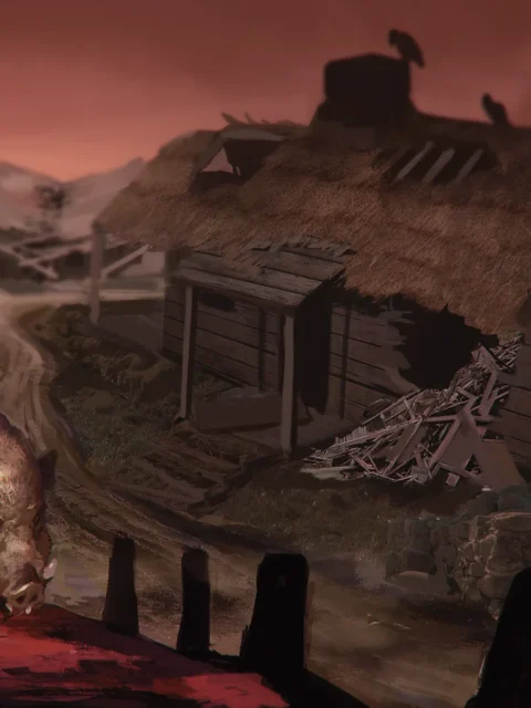 Ogres fantasy art print showing a ruined village at dusk