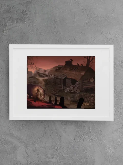 Ogres fantasy art print with a hulking brute near broken homes