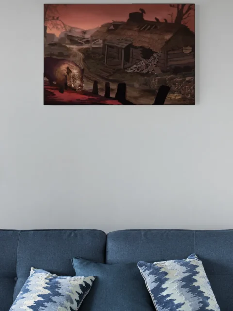 Splintered fences and collapsed roofs under red sky