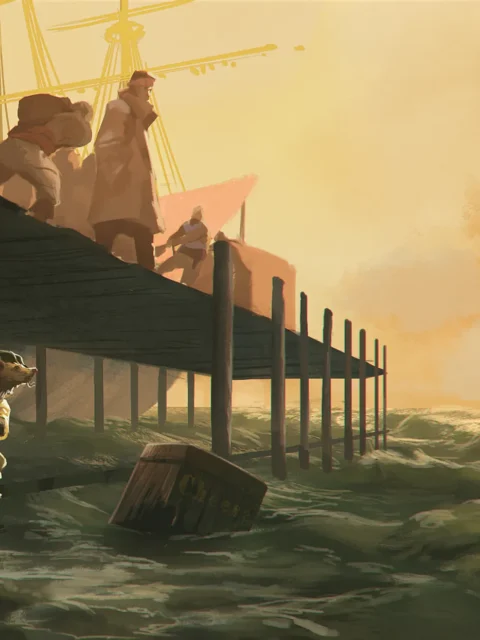 Okiti fantasy art print showing a busy wooden pier