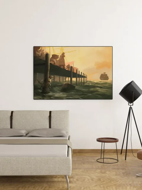 Workers moving cargo along a long pier