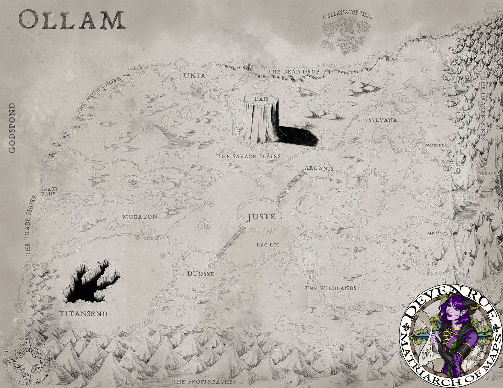 Ollam ancient monochrome world map canvas with sparse regions