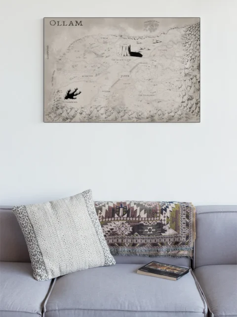 Detailed Ollam ancient monochrome world map canvas artwork