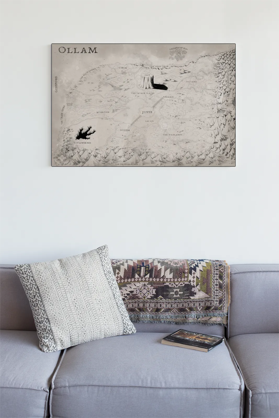 Detailed Ollam ancient monochrome world map canvas artwork