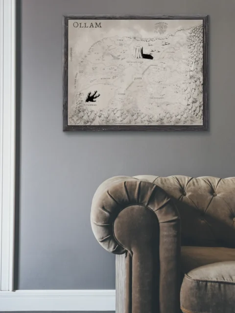 Fantasy Ollam ancient monochrome world map canvas illustration