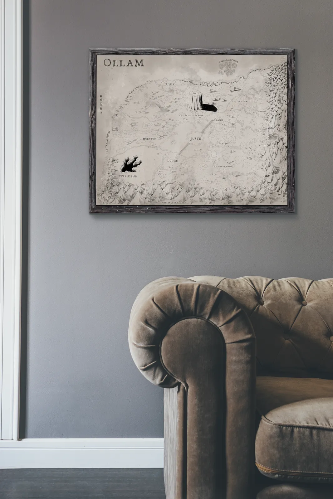 Fantasy Ollam ancient monochrome world map canvas illustration