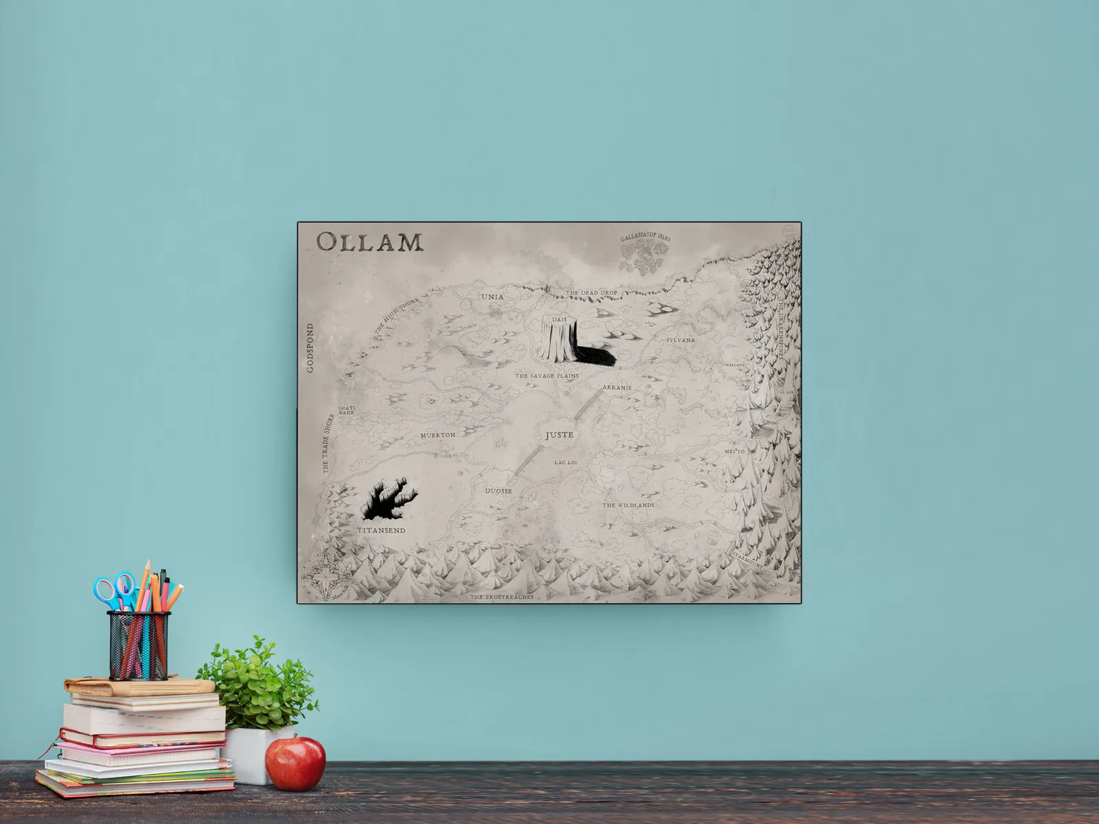 Minimalist fantasy world illustration in grayscale