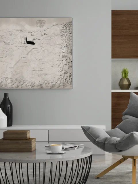 Hand-drawn fantasy world with isolated landmarks