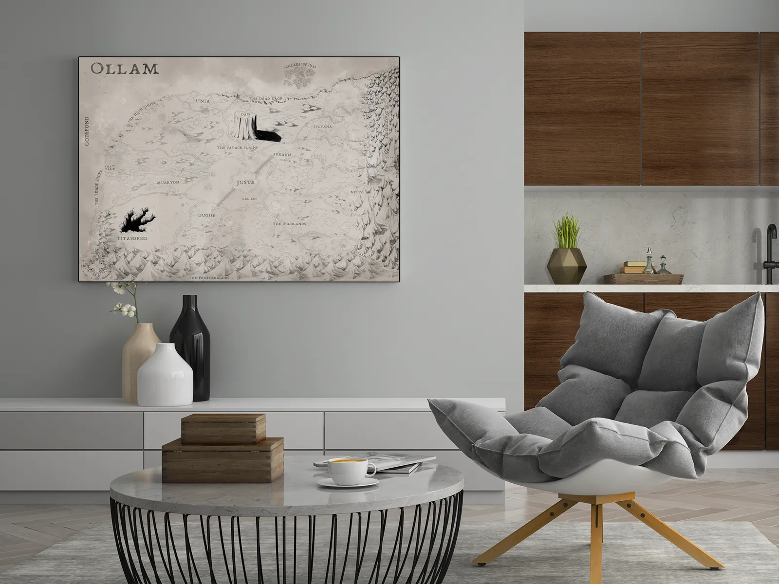 Hand-drawn fantasy world with isolated landmarks