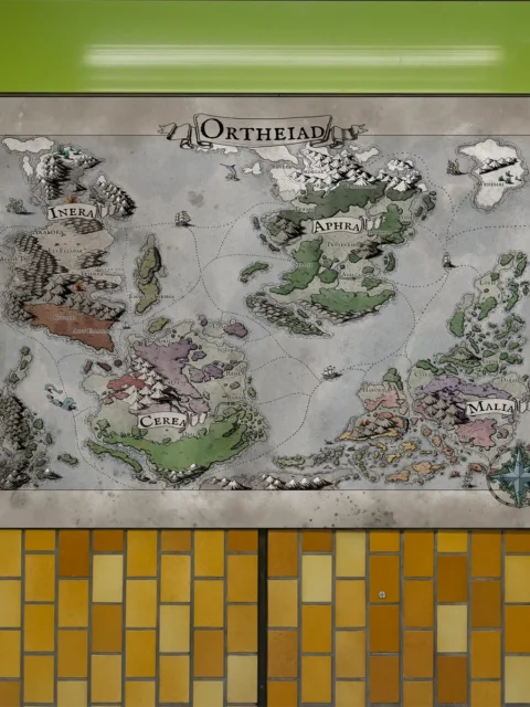 Detailed Ortheiad fantasy archipelago world map canvas artwork
