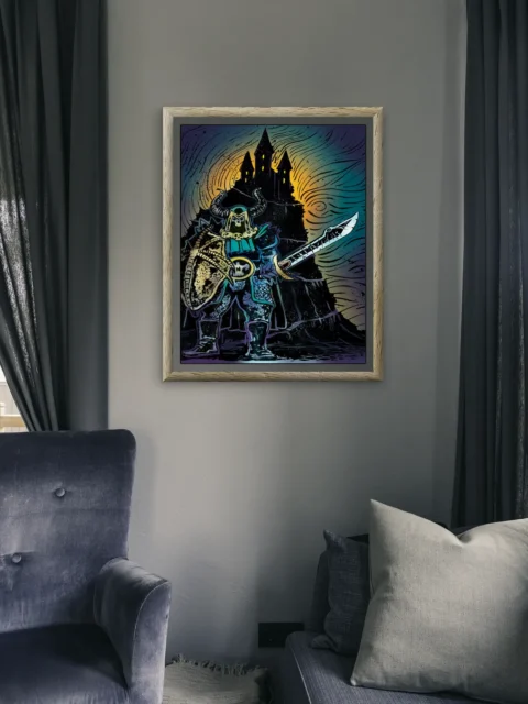 Horned warrior holding sword and shield