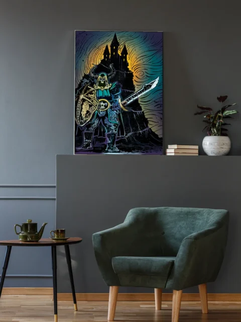 Dark castle rising behind armored figure