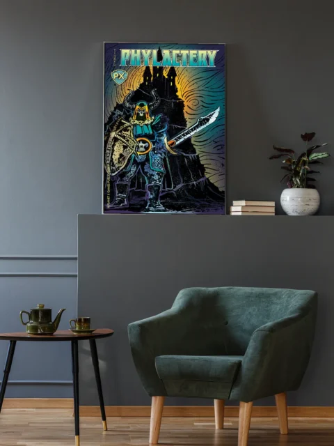 Dark castle rising behind armored figure