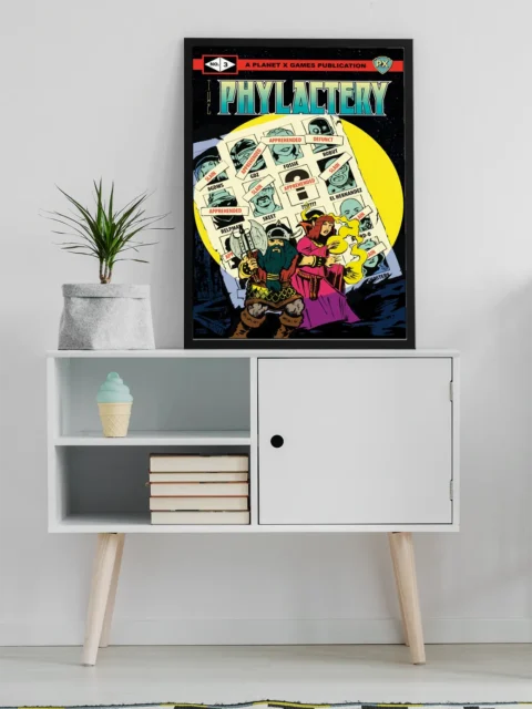 Two heroes standing before marked portraits