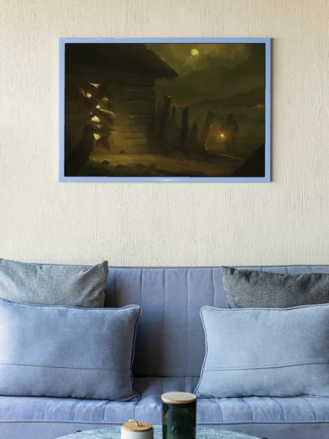 Plagueborn fine art canvas with lantern-lit figures at night
