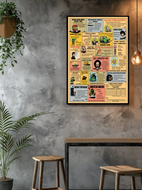 Crowded fantasy advertisement with illustrated products