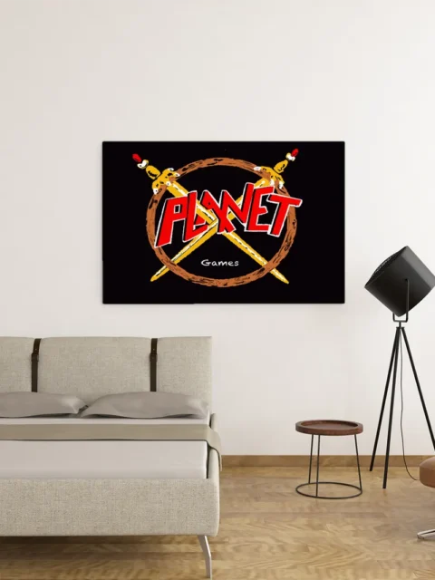 Red lettering over crossed blades on black