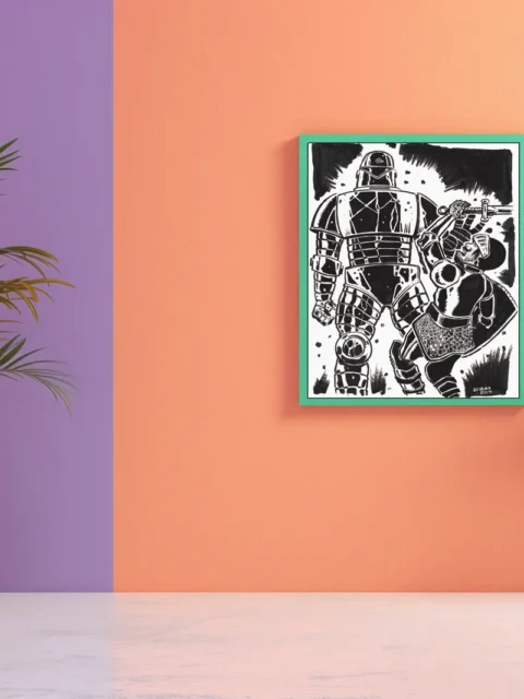 Armored warrior striking a towering machine