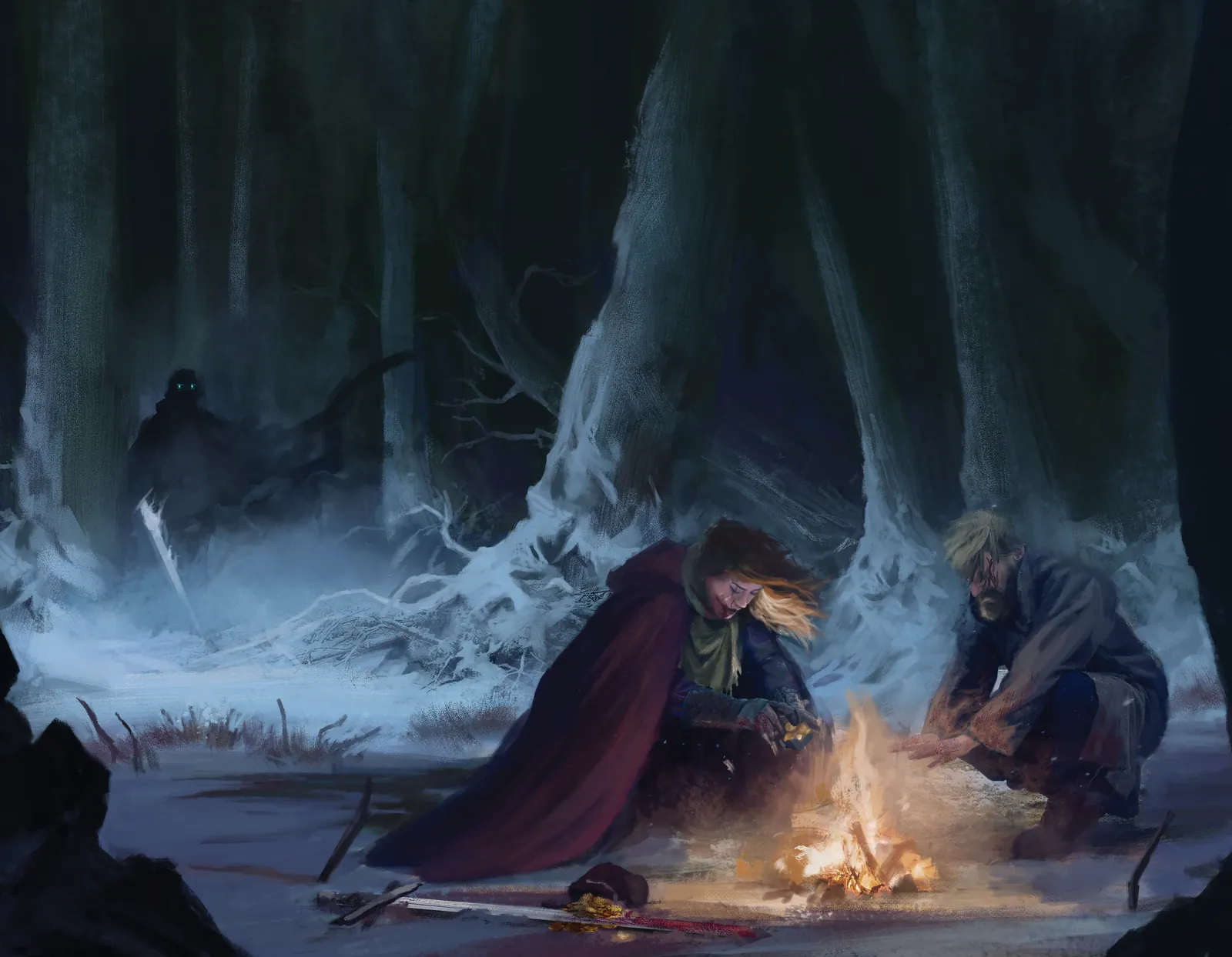 Revenants fantasy canvas artwork showing a campfire in snow