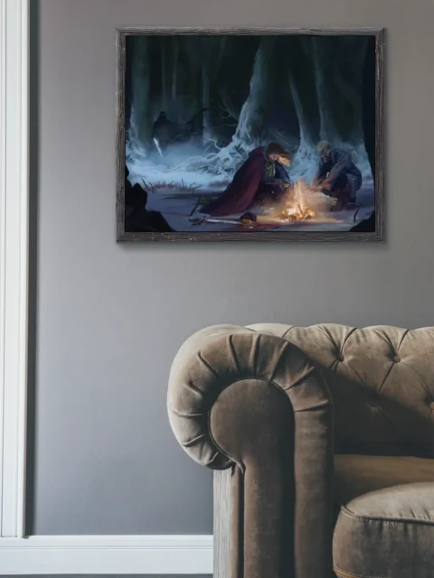 Two travelers crouched beside a small winter fire