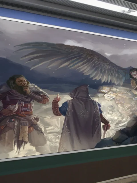 Large wings spread above scattered remains