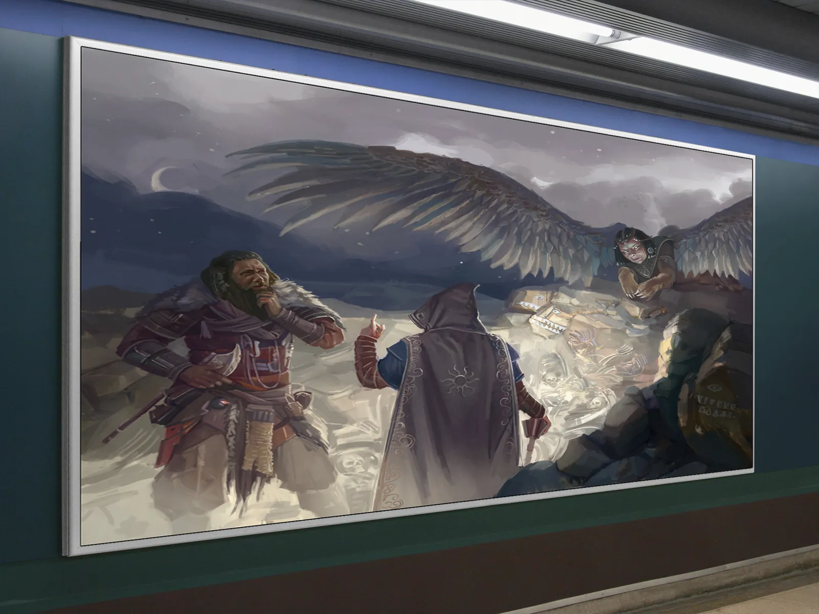 Large wings spread above scattered remains