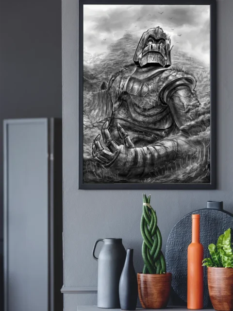 Colossal robot torso half buried in terrain