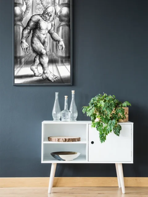 Hairy humanoid wearing a gas mask helmet