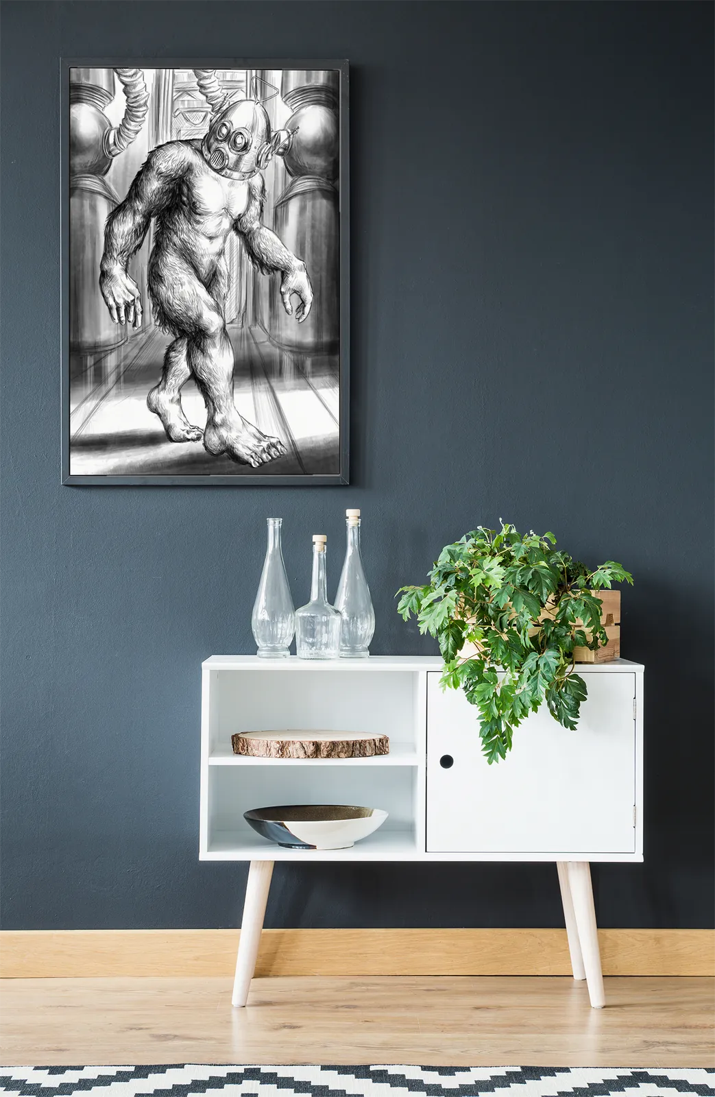 Hairy humanoid wearing a gas mask helmet