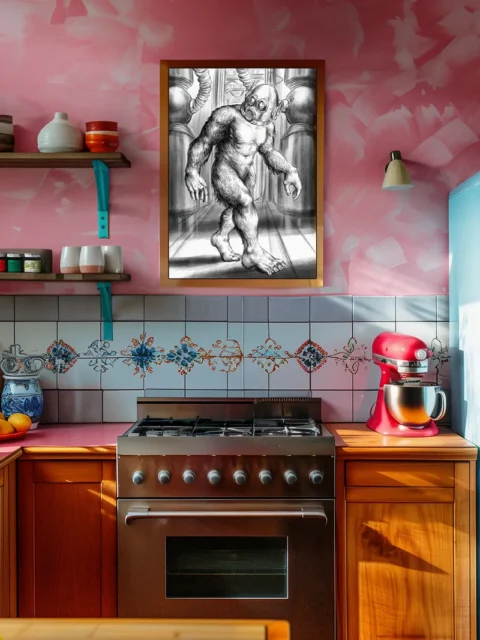 Mechanical creature walking between metal tanks