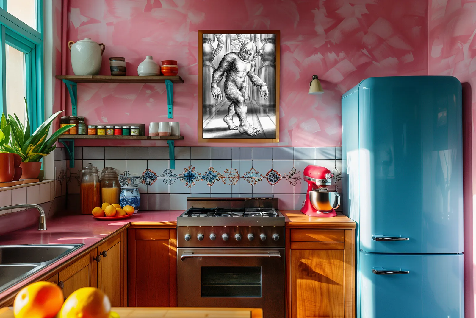 Mechanical creature walking between metal tanks