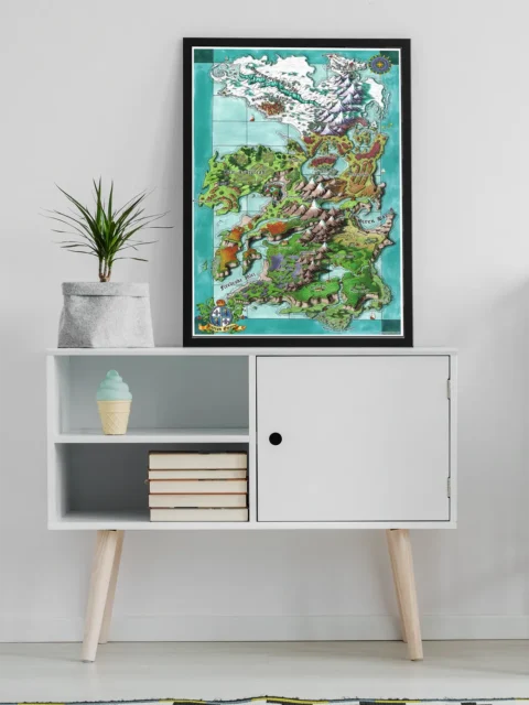 Fantasy world map featuring mountains, rivers, and coastal regions