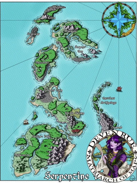 Serpentine Isles fantasy map with multiple islands in blue water