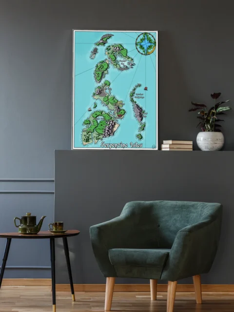 Vertical archipelago illustration with mountains and bays