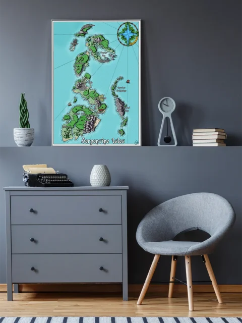 Fantasy island map artwork with bright coastal waters