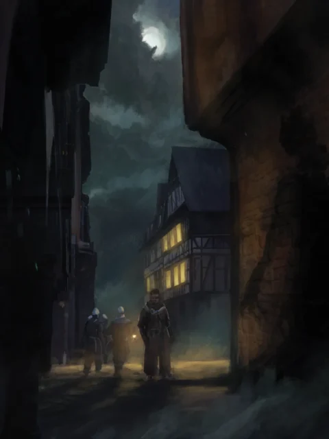 Shadows fantasy canvas artwork showing a moonlit alley