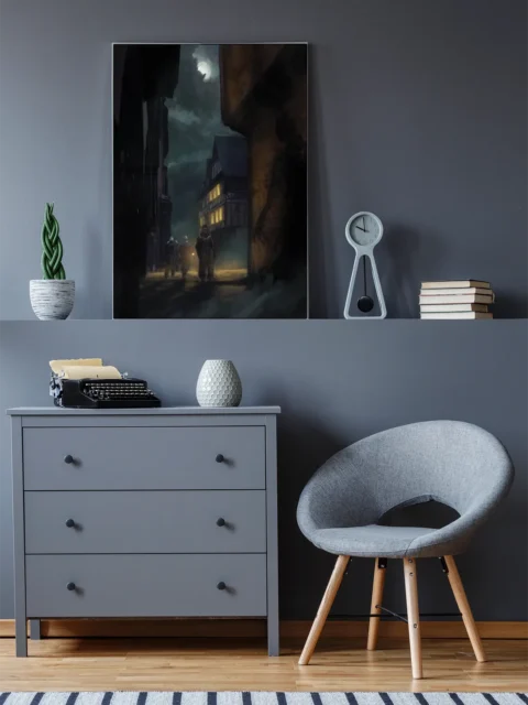 Shadows fantasy canvas artwork with figures walking at night